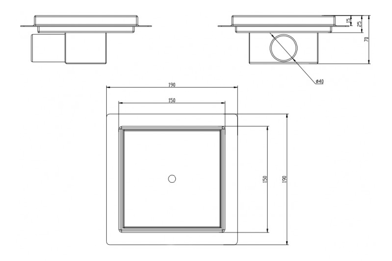 Čtvercový nerezový odtokový žlab 150x150 mm na vložení dlažby