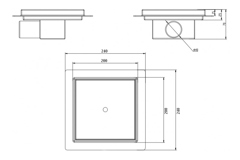 Čtvercový nerezový odtokový žlab 200x200 mm na vložení dlažby